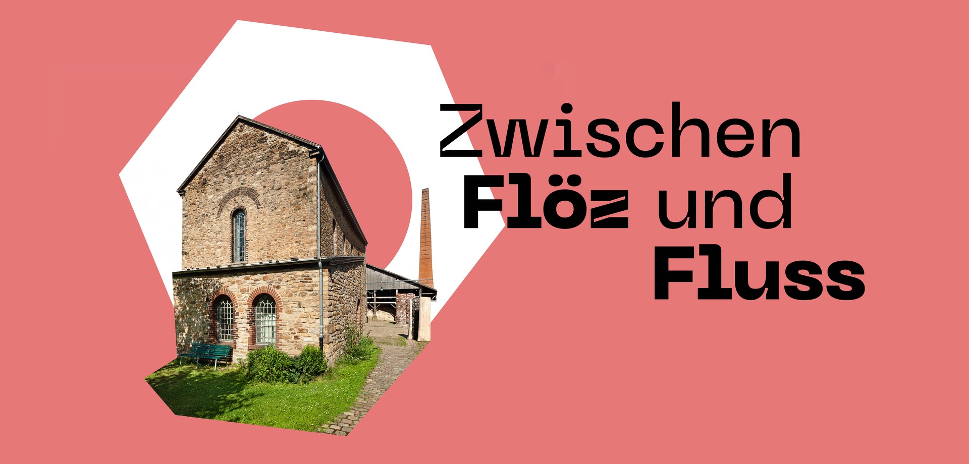 Zeche Nachtigall mit Schornstein vor einer roten Flächen mit Schraubenmutter und dem Satz "Zwischen Flöz und Fluss" Zeche Nachtigall mit Schornstein vor einer roten Flächen mit Schraubenmutter und dem Satz "Zwischen Flöz und Fluss"